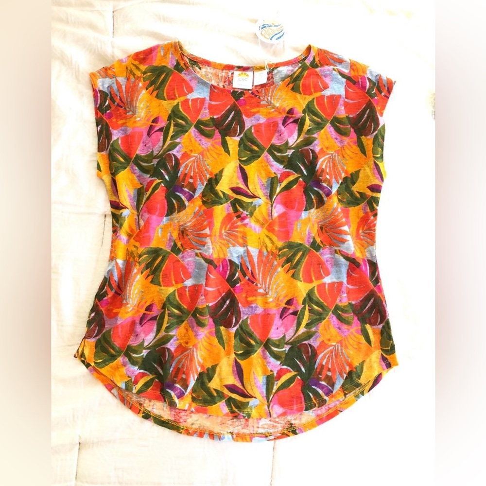 C&C Linen Top L XL NEW Short Sleeves Bold Colorful Print Lightweight Coral Multi